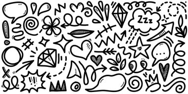 El çizimi karikatür ifadeleri karalama, eğri yön okları, ifade efektleri tasarım elemanları, çizgi film karakteri duygu sembolleri, sevimli dekoratif fırça darbeleri..