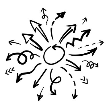 Elle çizilmiş oklar. Vektör karalama tasarım elementleri. İş bilgileri, afişler, web ve konsept tasarımı için beyaz arkaplan üzerine resim..