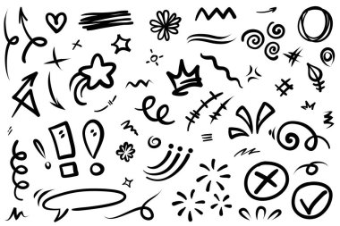 El çizimi karikatür ifadeleri karalama, eğri yön okları, ifade efektleri tasarım elemanları, çizgi film karakteri duygu sembolleri, sevimli dekoratif fırça darbeleri..