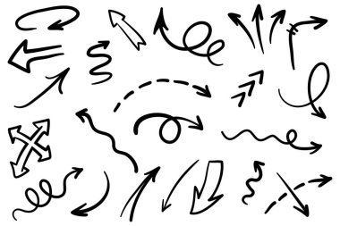 Elle çizilmiş oklar. Vektör karalama tasarım elementleri. İş bilgileri, afişler, web ve konsept tasarımı için beyaz arkaplan üzerine resim..