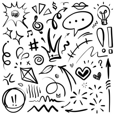 El çizimi karikatür ifadeleri karalama, eğri yön okları, ifade efektleri tasarım elemanları, çizgi film karakteri duygu sembolleri, sevimli dekoratif fırça darbeleri..