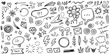 El çizimi karikatür ifadeleri karalama, eğri yön okları, ifade efektleri tasarım elemanları, çizgi film karakteri duygu sembolleri, sevimli dekoratif fırça darbeleri..