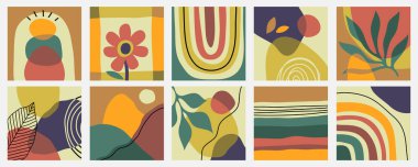 Büyük bir soyut özgeçmiş seti. Elle çizilmiş çeşitli şekiller, yapraklar, yüz, noktalar, damlalar. Modern trend Vektör illüstrasyonları. Her arka plan izole edilmiş. Pastel renkler