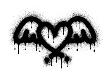 Beyazın üzerine siyah kanatlı graffiti işareti yap. Kalbe düşen aşkın sembolü. Beyaz arka planda izole edilmiş. vektör illüstrasyonu