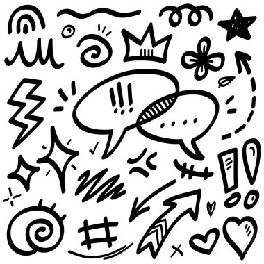 El çizimi karikatür ifadeleri karalama, eğri yön okları, ifade efektleri tasarım elemanları, çizgi film karakteri duygu sembolleri, sevimli dekoratif fırça darbeleri..