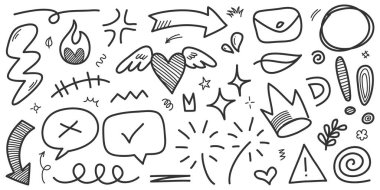 El çizimi karikatür ifadeleri karalama, eğri yön okları, ifade efektleri tasarım elemanları, çizgi film karakteri duygu sembolleri, sevimli dekoratif fırça darbeleri..