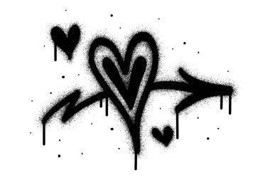 Sprey boyalı Graffiti İşareti, beyaz arka planda izole edilmiş bir okla delinmiş bir kalbin işareti. Grafiti beyaz üzerine aşırı siyah spreyle aşık oluyor..