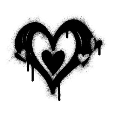 Sprey boya grafiti spreyli kalp işareti beyaz arka planda izole edildi. Grafiti, beyazın üzerine aşırı siyah spreyle aşık olur..