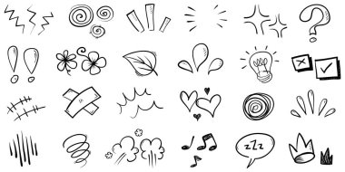 El çizimi karikatür ifadeleri karalama, eğri yön okları, ifade efektleri tasarım elemanları, çizgi film karakteri duygu sembolleri, sevimli dekoratif fırça darbeleri..