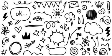 El çizimi karikatür ifadeleri karalama, eğri yön okları, ifade efektleri tasarım elemanları, çizgi film karakteri duygu sembolleri, sevimli dekoratif fırça darbeleri..
