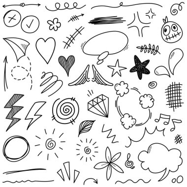 El çizimi karikatür ifadeleri karalama, eğri yön okları, ifade efektleri tasarım elemanları, çizgi film karakteri duygu sembolleri, sevimli dekoratif fırça darbeleri..
