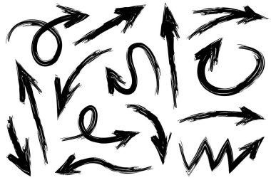 Elle çizilmiş oklar. Vektör karalama tasarım elementleri. İş bilgileri, afişler, web ve konsept tasarımı için beyaz arkaplan üzerine resim..