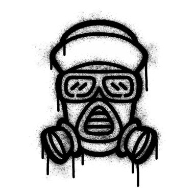 Sprey boyalı Grafiti Gaz maskesi beyaz arka planda izole edilmiş. Solunum cihazı sembolü beyaz üzerine aşırı siyah püskürtülmüş grafiti..