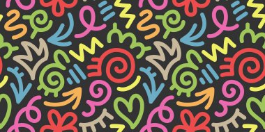 Eğlenceli renkli karalamalar, pürüzsüz desenler. Çocuklar için yaratıcı soyut sanat koleksiyonu ya da şenlikli kutlama tasarımı. Basit çocuksu karalama duvar kağıdı deseni demeti.