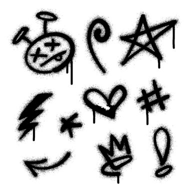 Graffiti resim sembolleri koleksiyonu. Sprey, soru işaretleri, oklar, taçlar, yıldızlar, kafatasları, çitler ve yumruklarla grafiti deseni çizdi. Sprey boya elementi. Sokak sanatı çizimi