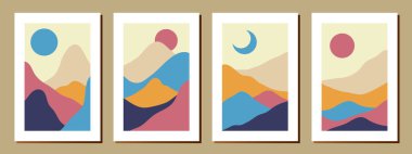 Bir dizi yaratıcı soyut dağ manzarası ve dağ sıraları. Yüzyılın ortalarında, elle çizilmiş dağlar, deniz veya göl, gökyüzü, güneş ve ay gibi modern vektör çizimleri.