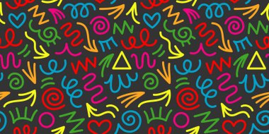 Eğlenceli renkli karalamalar, pürüzsüz desenler. Çocuklar için yaratıcı soyut sanat koleksiyonu ya da şenlikli kutlama tasarımı. Basit çocuksu karalama duvar kağıdı deseni demeti.