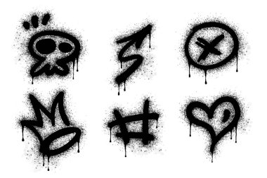 Graffiti resim sembolleri koleksiyonu. Sprey, soru işaretleri, oklar, taçlar, yıldızlar, kafatasları, çitler ve yumruklarla grafiti deseni çizdi. Sprey boya elementi. Sokak sanatı çizimi