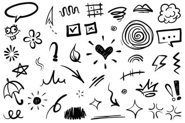 El çizimi karikatür ifadeleri karalama, eğri yön okları, ifade efektleri tasarım elemanları, çizgi film karakteri duygu sembolleri, sevimli dekoratif fırça darbeleri..