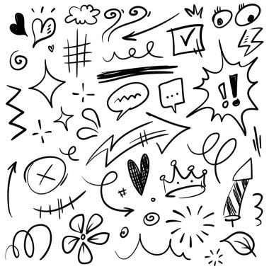 El çizimi karikatür ifadeleri karalama, eğri yön okları, ifade efektleri tasarım elemanları, çizgi film karakteri duygu sembolleri, sevimli dekoratif fırça darbeleri..