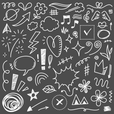El çizimi karikatür ifadeleri karalama, eğri yön okları, ifade efektleri tasarım elemanları, çizgi film karakteri duygu sembolleri, sevimli dekoratif fırça darbeleri..