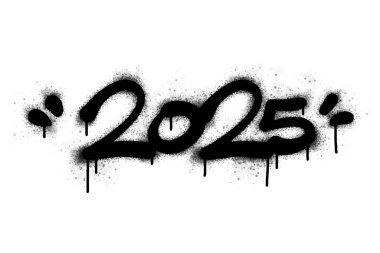 2025 yılının graffiti kelimeleri ve sembolleri siyaha boyanmıştır.