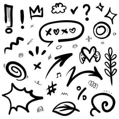 El çizimi karikatür ifadeleri karalama, eğri yön okları, ifade efektleri tasarım elemanları, çizgi film karakteri duygu sembolleri, sevimli dekoratif fırça darbeleri..
