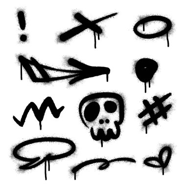 Graffiti çizim sembolleri. Soru işareti, ok, taç, yıldız, çit ve el vuruşlarından oluşan grafiti spreyi deseni boyalı. Sprey boya elementleri. Sokak sanatı çizimi. Vektör.
