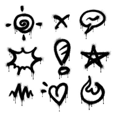 Graffiti çizim sembolleri. Soru işareti, ok, taç, yıldız, çit ve el vuruşlarından oluşan grafiti spreyi deseni boyalı. Sprey boya elementleri. Sokak sanatı çizimi. Vektör.