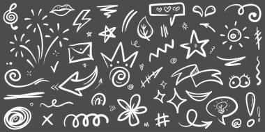 El çizimi karikatür ifadeleri karalama, eğri yön okları, ifade efektleri tasarım elemanları, çizgi film karakteri duygu sembolleri, sevimli dekoratif fırça darbeleri..