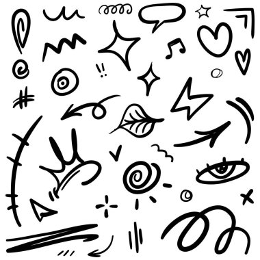 El çizimi karikatür ifadeleri karalama, eğri yön okları, ifade efektleri tasarım elemanları, çizgi film karakteri duygu sembolleri, sevimli dekoratif fırça darbeleri..