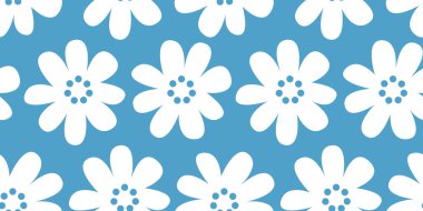 Güzel ve kusursuz bir papatya çiçeği deseni. Tekstil, Ambalaj Kağıdı, Web Tasarımı ve Sosyal Medya Üzerine Baskı İçin Klasik Tarz Çiçek Vektör Arkaplanı. Mavi ve beyaz renkler.