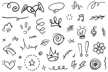 El çizimi karikatür ifadeleri karalama, eğri yön okları, ifade efektleri tasarım elemanları, çizgi film karakteri duygu sembolleri, sevimli dekoratif fırça darbeleri..