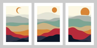 Bir dizi yaratıcı soyut dağ manzarası ve dağ sıraları. Yüzyılın ortalarında, elle çizilmiş dağlar, deniz veya göl, gökyüzü, güneş ve ay gibi modern vektör çizimleri.