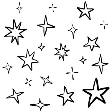 Vektör yıldızlarının karalama kümesi parlak simge, temiz yüzey simgesi. Parlayan ışık efektleri ve parlayan patlamalar. Beyaz arka planda izole edilmiş. vektör illüstrasyonu