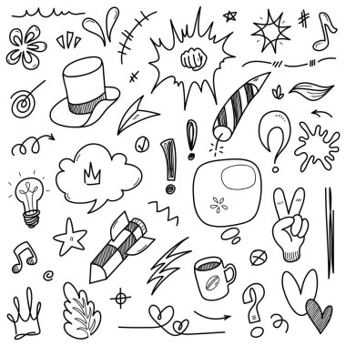 El çizimi karikatür ifadeleri karalama, eğri yön okları, ifade efektleri tasarım elemanları, çizgi film karakteri duygu sembolleri, sevimli dekoratif fırça darbeleri..
