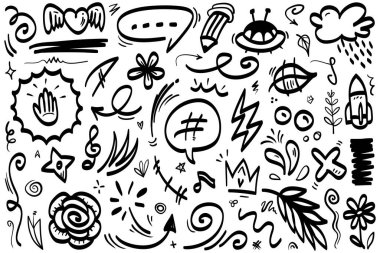 El çizimi karikatür ifadeleri karalama, eğri yön okları, ifade efektleri tasarım elemanları, çizgi film karakteri duygu sembolleri, sevimli dekoratif fırça darbeleri..