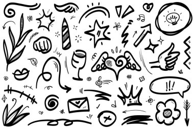 El çizimi karikatür ifadeleri karalama, eğri yön okları, ifade efektleri tasarım elemanları, çizgi film karakteri duygu sembolleri, sevimli dekoratif fırça darbeleri..
