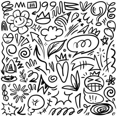 El çizimi karikatür ifadeleri karalama, eğri yön okları, ifade efektleri tasarım elemanları, çizgi film karakteri duygu sembolleri, sevimli dekoratif fırça darbeleri..