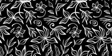 Basit, el çizimi, siyah-beyaz, çiçek desenli. Moda kolaj modeli. Kumaş tasarımı için modaya uygun şablon.