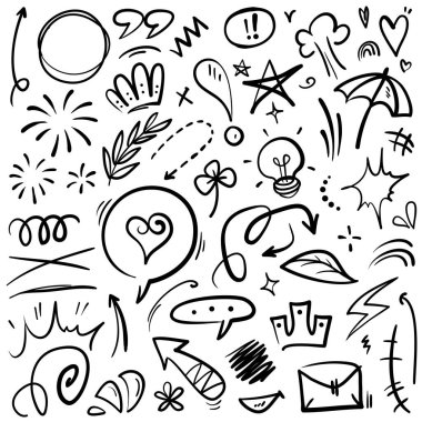 El çizimi karikatür ifadeleri karalama, eğri yön okları, ifade efektleri tasarım elemanları, çizgi film karakteri duygu sembolleri, sevimli dekoratif fırça darbeleri..