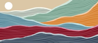 Japon arka planı ve çizgi dalga modeli vektörü. Geometrik desenli soyut şablon. Doğu tarzında dağ yerleşimi tasarımı.