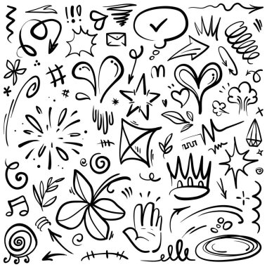 El çizimi karikatür ifadeleri karalama, eğri yön okları, ifade efektleri tasarım elemanları, çizgi film karakteri duygu sembolleri, sevimli dekoratif fırça darbeleri..