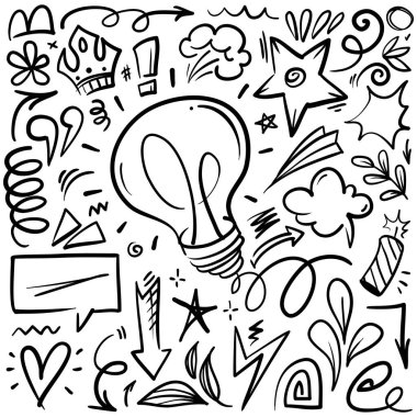 A collection of hand-drawn cartoon expression marks doodles, curved directional arrows, emoticon effect design elements, lights, cartoon character emotion symbols, cute decorative brush stroke lines.