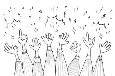 El ele tutuşup alkışlıyoruz. Alkış, başparmak işareti karalama tarzı, vektör illüstrasyonu