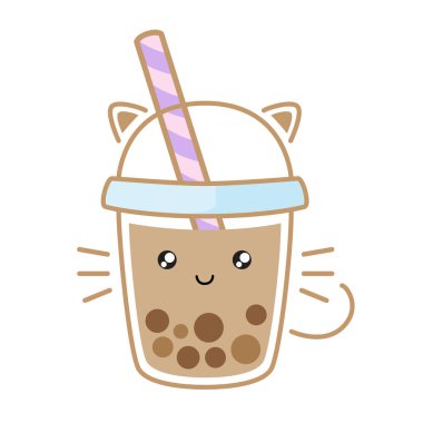 Şirin Kedi Baloncuğu Çay Fincanı Tasarım Koleksiyonu, İnci Süt Çayı, Lezzetli İçecekler, Tayvan Sütü, Boba Köpüklü Süt Çayı, Vektör İllüzyonu