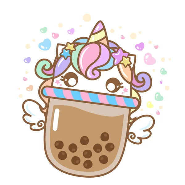 Bubble Tea Unicorn Älskare Boba Med Färgglada Hjärta Tecknad Karaktär — Stock vektor