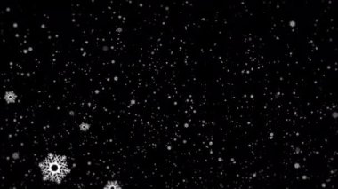 Many white snowflakes falling down on a black background