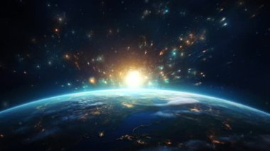 Dünya 'nın Üzerinde Gün Doğumu. City Night Lights ile Globe. Uzaydan Dünya Gezegeni Görünümü.