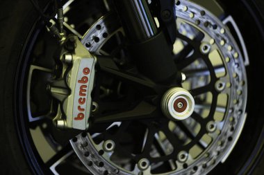 Yerevan, Armenia. April 25, 2024. Brembo brake system, on a motorcycle wheel clipart